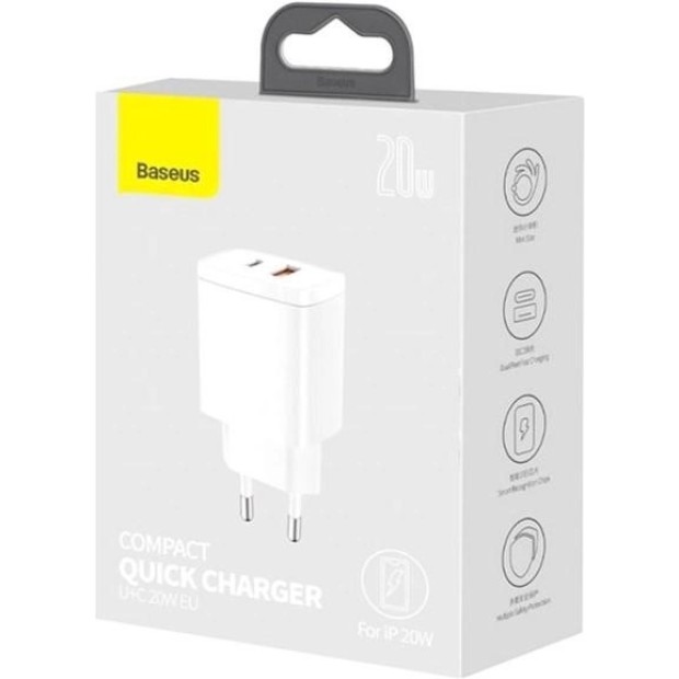 СЗУ-адаптер Baseus Compact 20W 3A QC (1USB / 1Type-C) (Белый) CCXJ-B02