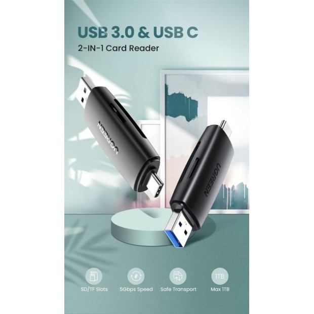 Переходник Card Reader UGREEN CM304 (USB3.0/Type-C to TF / SD) (Black)