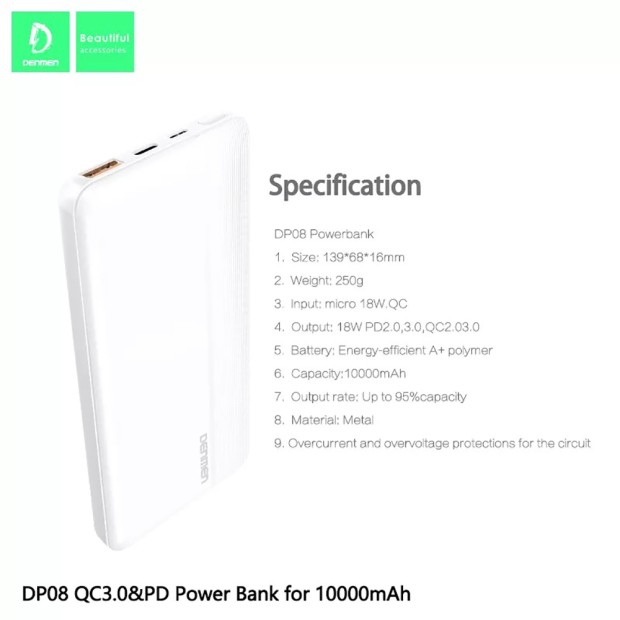 PowerBank Denmen DP08 PD + QC 3.0 10000mAh (Black)