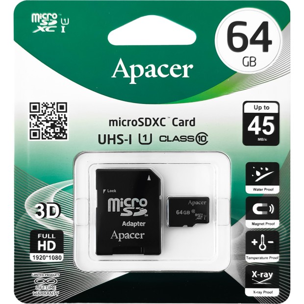 Карта памяти Apacer MicroSDXC 64Gb (UHS-1) (Class 10) + SD-адаптер