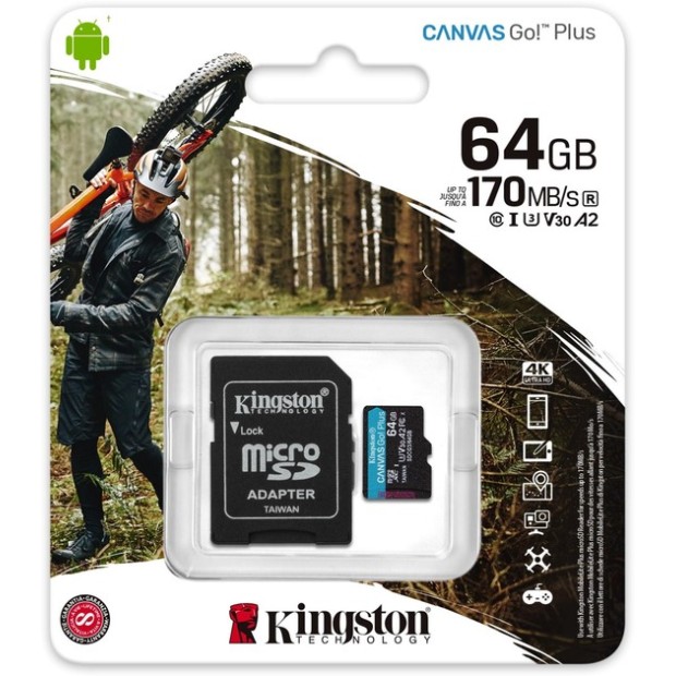 Карта памяти Kingston Canvas Go Plus MicroSDXC 64Gb (UHS-1 U3 A2 V30) (Class 10) + SD Adapter