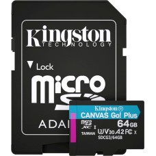 Карта памяти Kingston Canvas Go Plus MicroSDXC 64Gb (UHS-1 U3 A2 V30) (Class 10) + SD Adapter