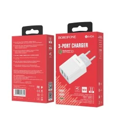 СЗУ-адаптер USB Borofone BA40A QC3.0 3USB (Белый)
