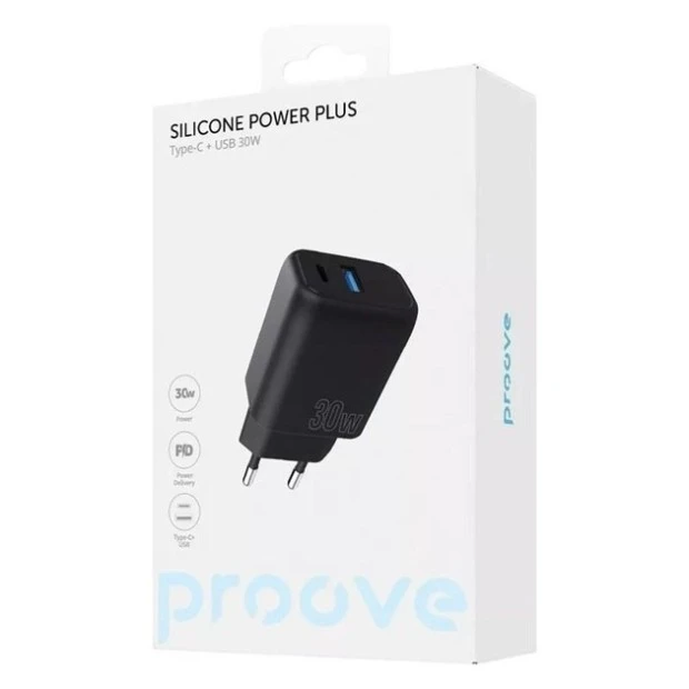 СЗУ-адаптер Proove Silicone 30W (1 Type-C  /  1 USB) (Чорний)