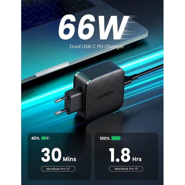 СЗП-адаптер UGREEN CD216 66W QC4.0 (2Type-C) (Чорний)