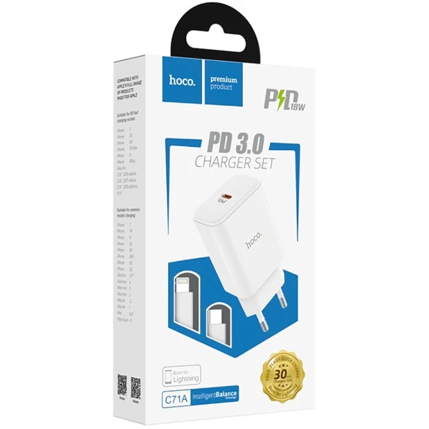 СЗУ-адаптер USB Hoco C71A Star PD3.0 Type-C + Lightning-кабель (Белый)