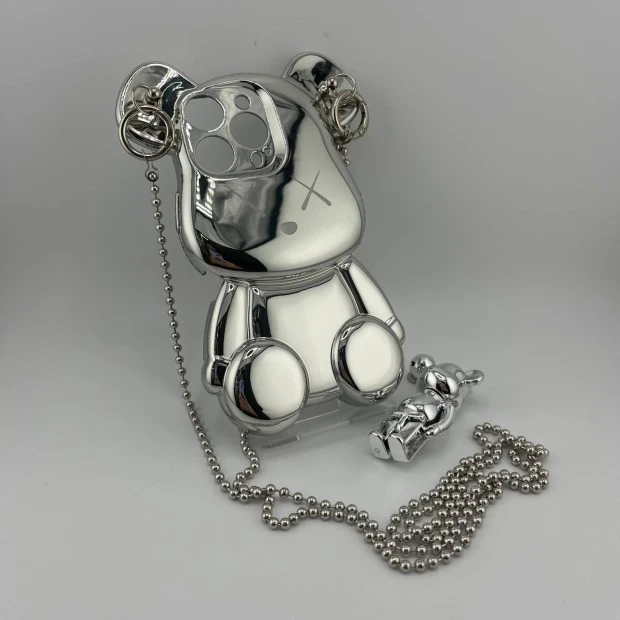 Чохол Teddy Bear Case зі стрічкою для iPhone 15 Pro (Сріблястий)