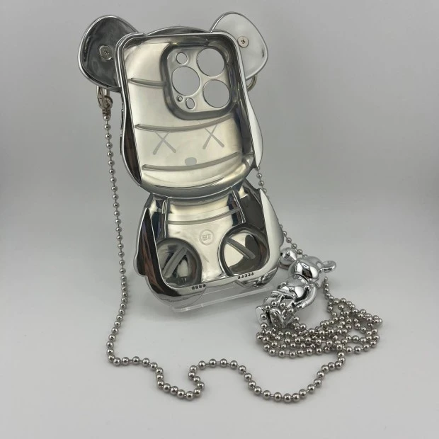 Чохол Teddy Bear Case зі стрічкою для iPhone 15 Pro (Сріблястий)