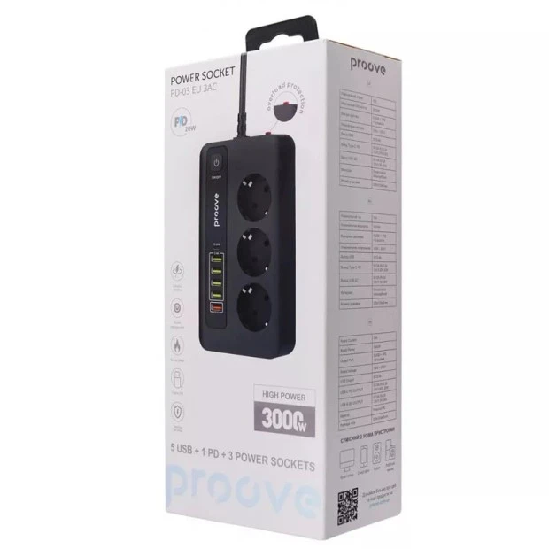 Сетевой удлинитель Proove PD-03 (3 розетки + 5USB + 1Type-C 20W) (2m) (Black)