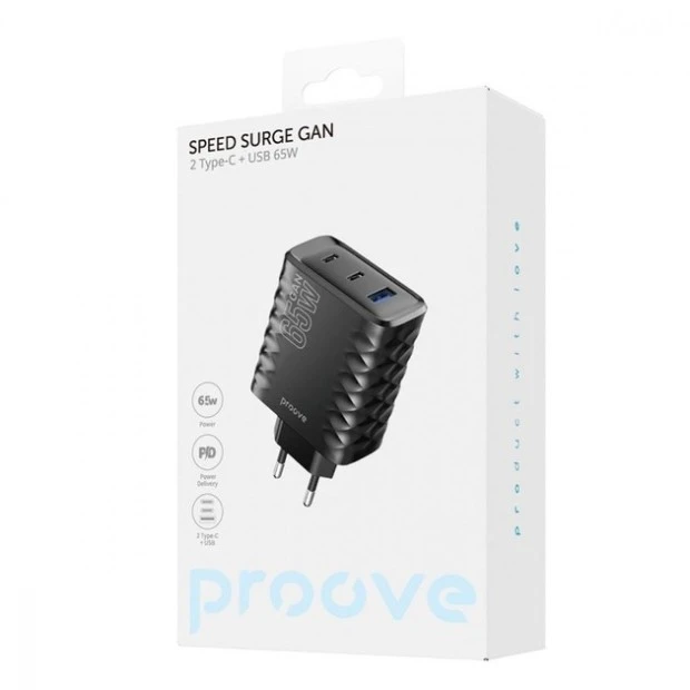 СЗУ-адаптер Proove Speed Surge Gan 65W (2Type-C / 1USB ) (Чёрный)