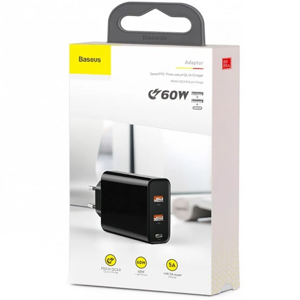 СЗУ-адаптер Baseus PPS Three Output Quick Charger 5A Type-C + 2USB 60W (Чёрный)