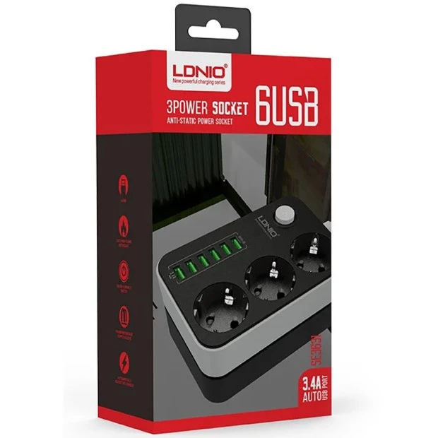 Сетевой удлинитель LDNIO SE3631 (6 USB, 3.4A, 3 розетки)