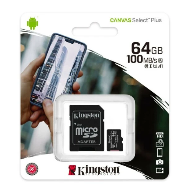 Kingston Canvas Select Plus MicroSDXC Memory Card 64GB (UHS-1) (A1) (Class 10) + SD Adapter