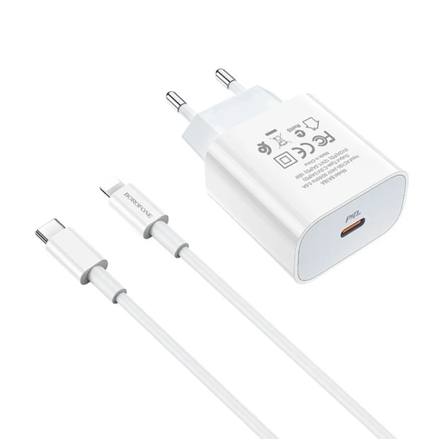 Borofone BA38A PD 3.0 USB Charger Adapter + Type-C to Lightning Cable (White)