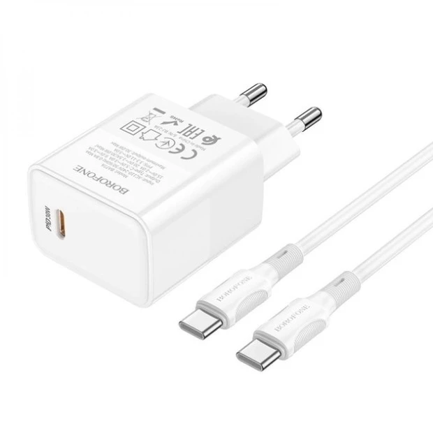 Borofone BA77A 30W USB Charger Adapter (1 Type-C) + Type-C to Type-C Cable (White)