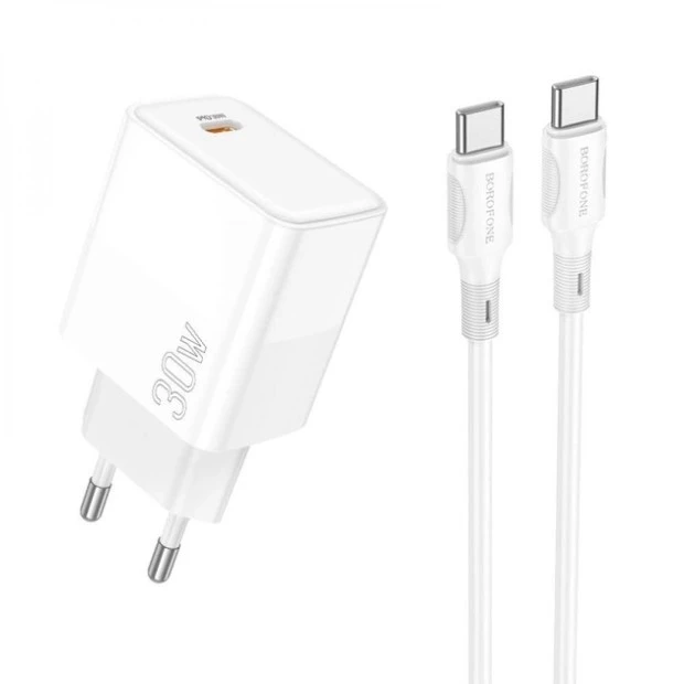 Borofone BA77A 30W USB Charger Adapter (1 Type-C) + Type-C to Type-C Cable (White)