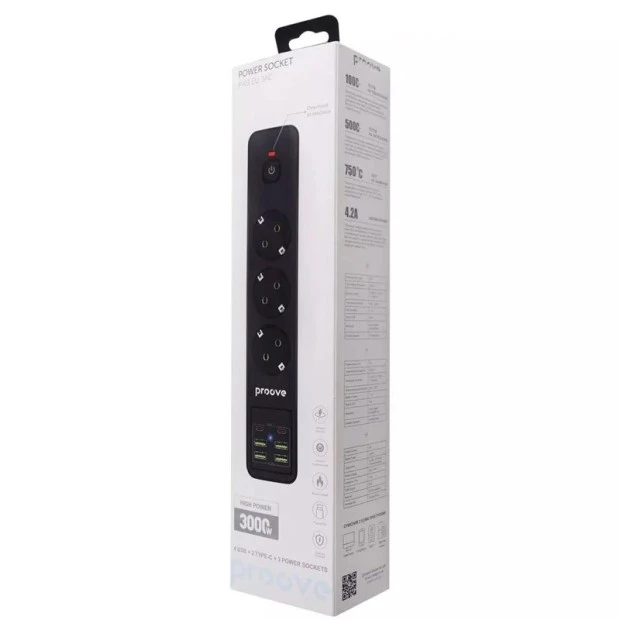 Сетевой удлинитель Proove P-03 (3 розетки + 4USB + 2Type-C) (2m) (Black)