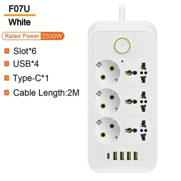 Сетевой удлинитель Donglixia F07U 6 розеток + 4USB + 1Type-C 2m (Белый)