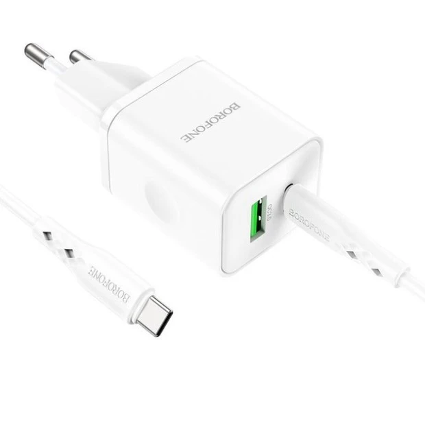 Borofone BN7 QC PD USB Power Adapter 1 Type-C  /  1 USB + Type-C to Type-C Cable (White)
