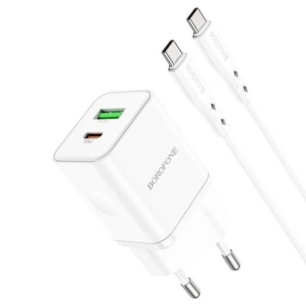 Borofone BN7 QC PD USB Power Adapter 1 Type-C  /  1 USB + Type-C to Type-C Cable (White)