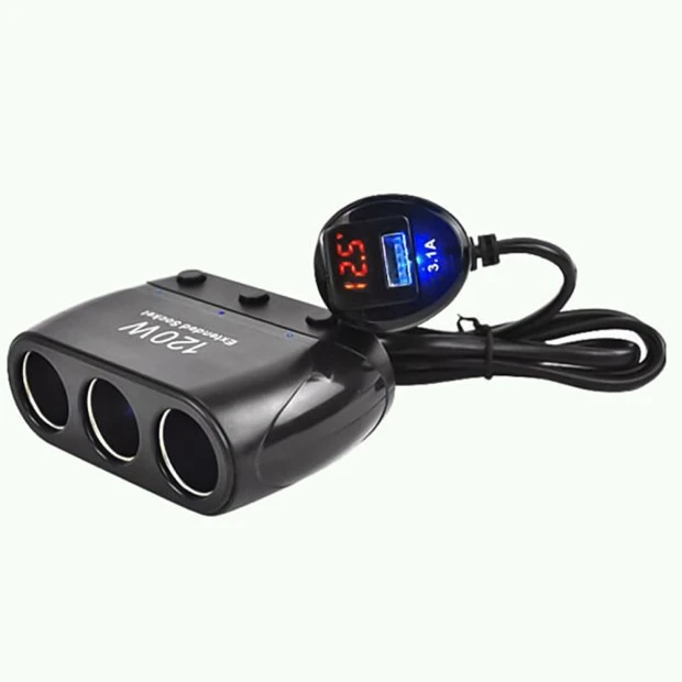 Автомобильный Тройник для Прикуривателя + USB 3.1A 1518 (Чёрный)