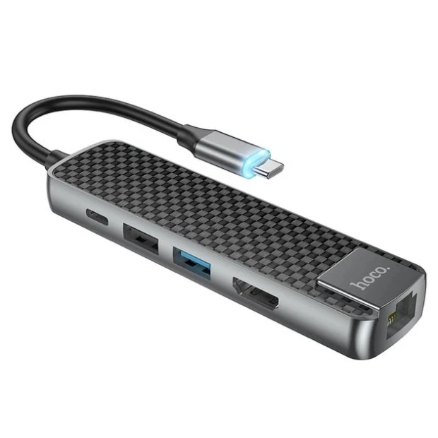 Переходник USB HUB Hoco HB23 Adapter Converter (HDTV+USB3.0+USB2.0+SD+RJ45+PD) Metal Grey