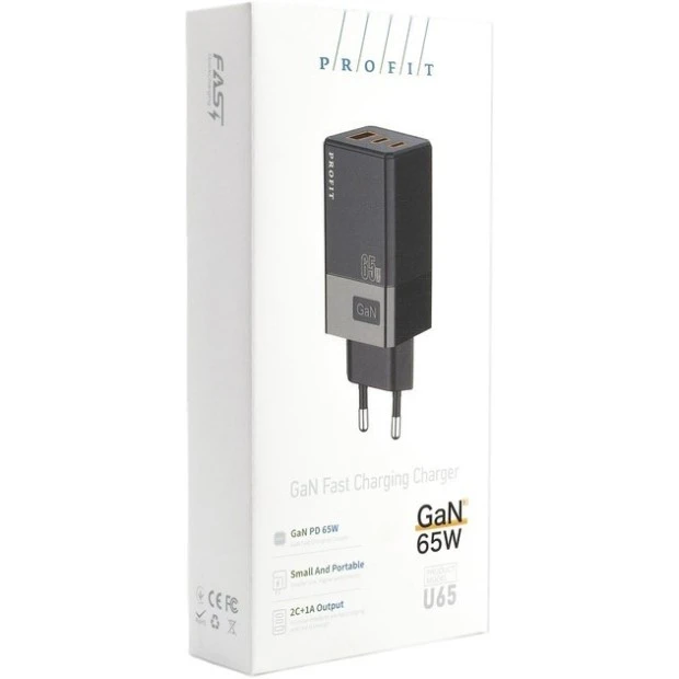 СЗУ-адаптер Profit GaN U65 65W (1USB / 2Type-C) (Чёрный) AT