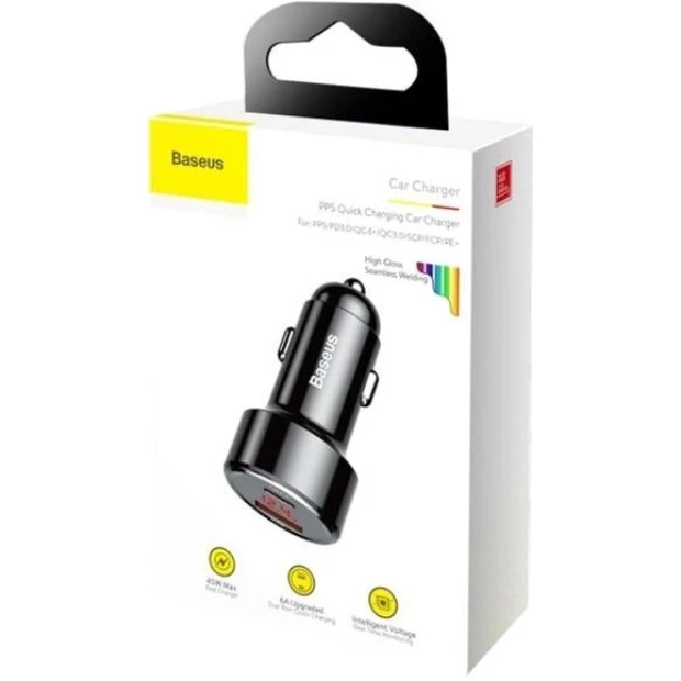 Baseus Magic Digital Display PD3.0 QC4.0 45W 1USB / 1Type-C Car Charger Adapter (Black) CCMLC20C-01