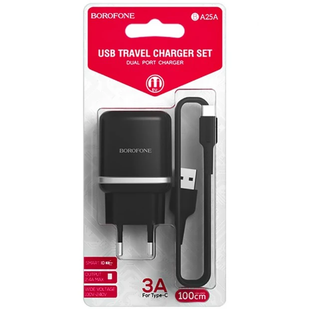 СЗУ-адаптер Borofone BA25A 2USB 2.4A + Type-C-кабель (Чёрный)