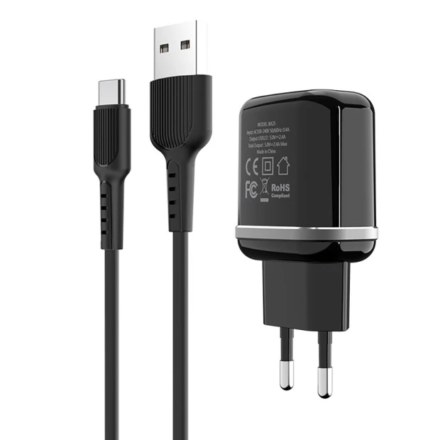 СЗУ-адаптер Borofone BA25A 2USB 2.4A + Type-C-кабель (Чёрный)