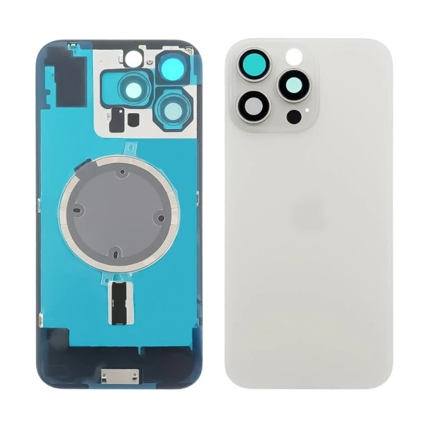 Заднее стекло корпуса для Apple iPhone 16 Pro White Titanium (белое) с рамкой и стеклом камеры