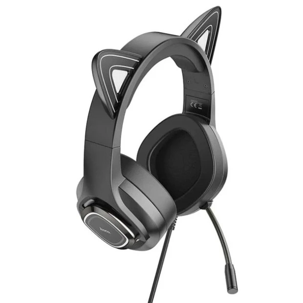 Провідні накладні навушники-гарнітура Hoco W107 Cat Ear (із підсвіткою) (Чорний)
