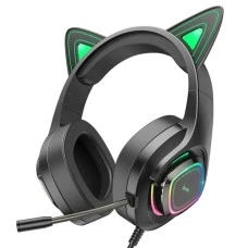 Проводные накладные наушники-гарнитура Hoco W107 Cat Ear (с подсветкой) (Чёрный)