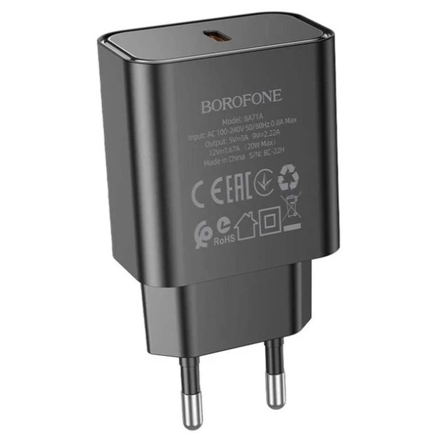 Чорний зарядний пристрій-адаптер USB Borofone BA71A PD 20W (1 Type-C)