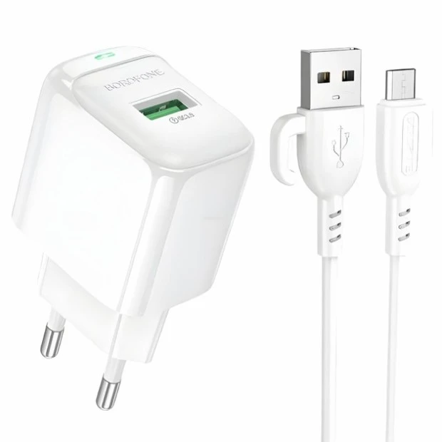 Зарядний адаптер USB Borofone BAS42A QD 18W (1USB) + кабель MicroUSB (Білий)