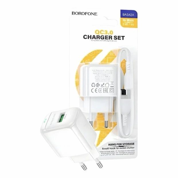 Зарядний адаптер USB Borofone BAS42A QD 18W (1USB) + кабель MicroUSB (Білий)