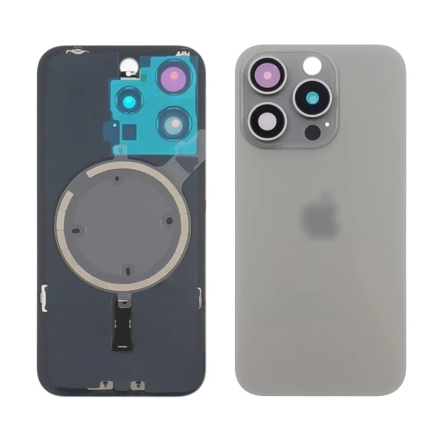 Заднее стекло корпуса для Apple iPhone 15 Pro Natural Titanium (серое) с рамкой и стеклом камеры