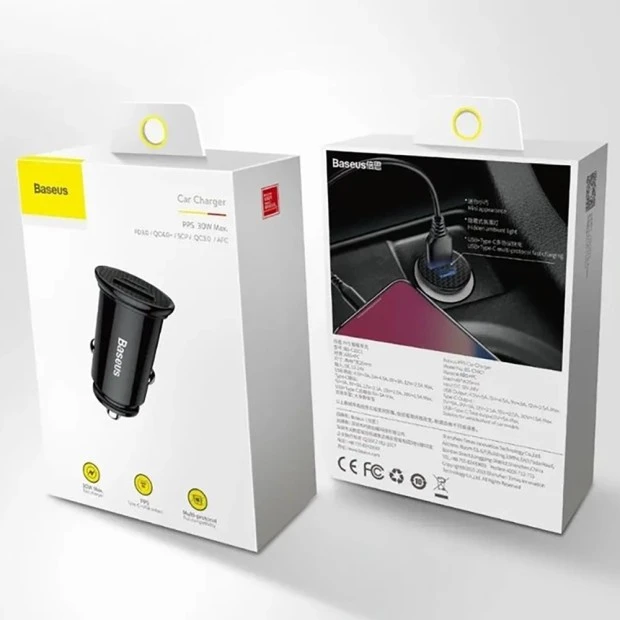 Baseus Circular Plastic 30W 1USB  /  1Type-C Car Charger Adapter (Black) CCALL-YS01