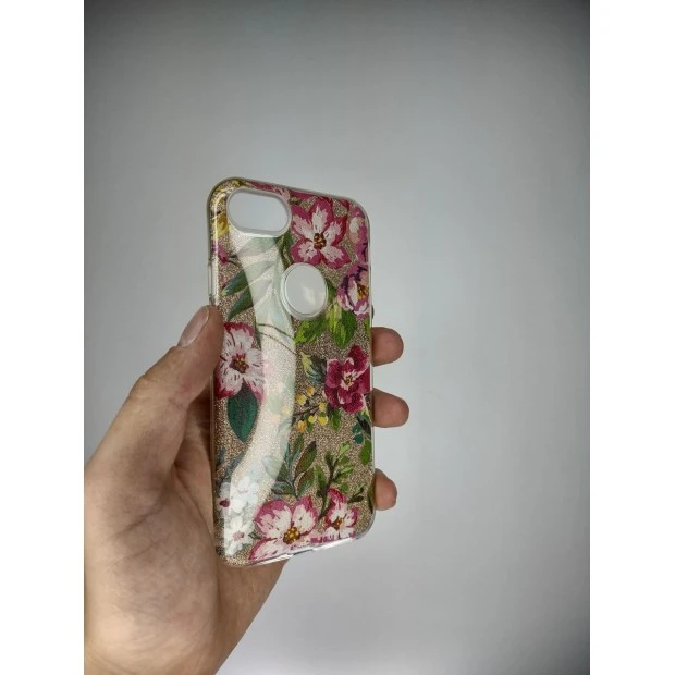 Силіконова накладка Glitter для Apple iPhone 7  /  8  /  SE (2020) (Золоті Квіти)