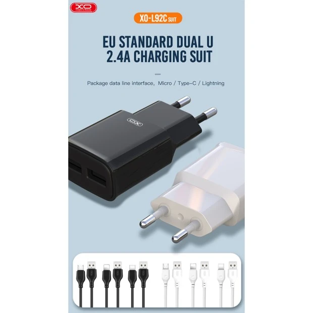 СЗУ-адаптер XO L92С + Type-C-кабель 2.4A 2USB (Чёрный)
