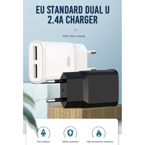 СЗУ-адаптер XO L92С + Type-C-кабель 2.4A 2USB (Чёрный)