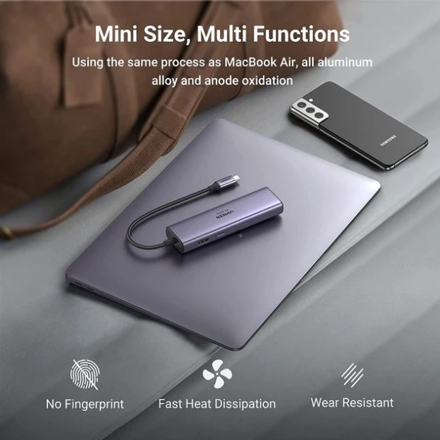 Переходник UGREEN CM512 (USB-C to 2USB 3.0 / HDMI / RJ45 / SD/TF / AUX3.5mm / PD) (Gray)