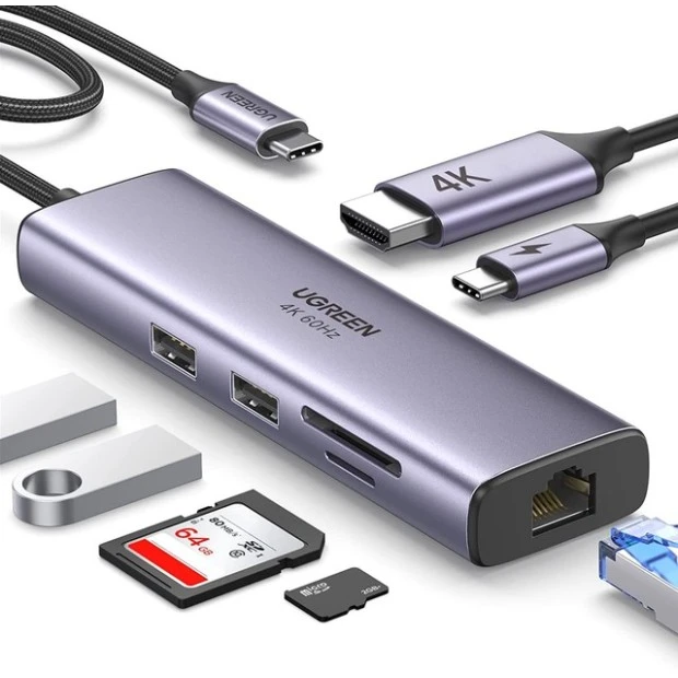 Переходник UGREEN CM512 (USB-C to 2USB 3.0 / HDMI / RJ45 / SD/TF / AUX3.5mm / PD) (Gray)