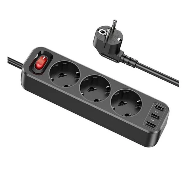 Сетевой удлинитель Hoco NS2 (3USB,3 розетки) (Чёрный)