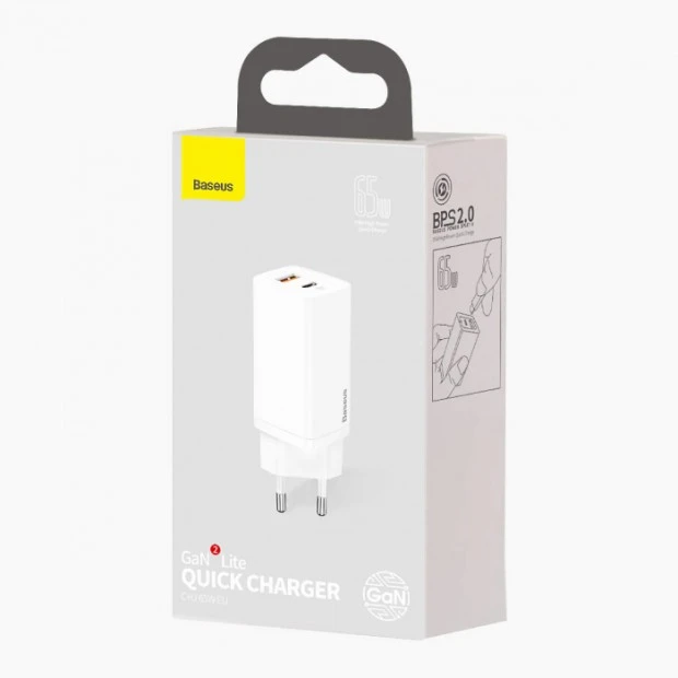 СЗУ-адаптер Baseus GaN2 Lite 65W (1USB / 1Type-C) (Белый) CCGAN2L-B02
