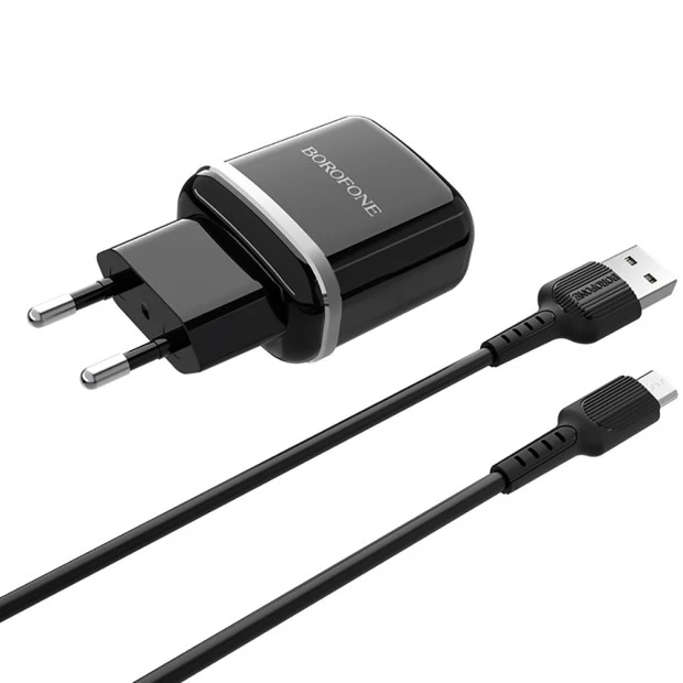 СЗУ-адаптер Borofone BA25A 2USB 2.4A + MicroUSB-кабель (Чёрный)
