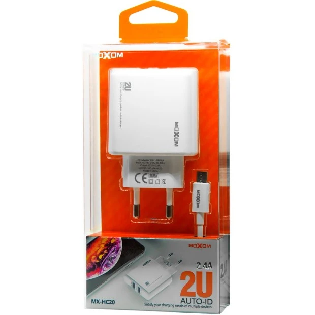 СЗУ-адаптер MOXOM (MX-HC20) + MicroUSB-кабель 2.4A 2USB