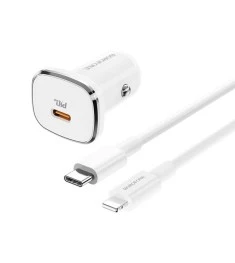 Borofone BZ12B 18W QC3.0 Car Charger Adapter + Type-C to Lightning Cable (White)..