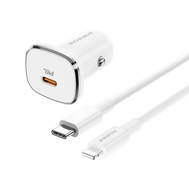 Borofone BZ12B 18W QC3.0 Car Charger Adapter + Type-C to Lightning Cable (White)