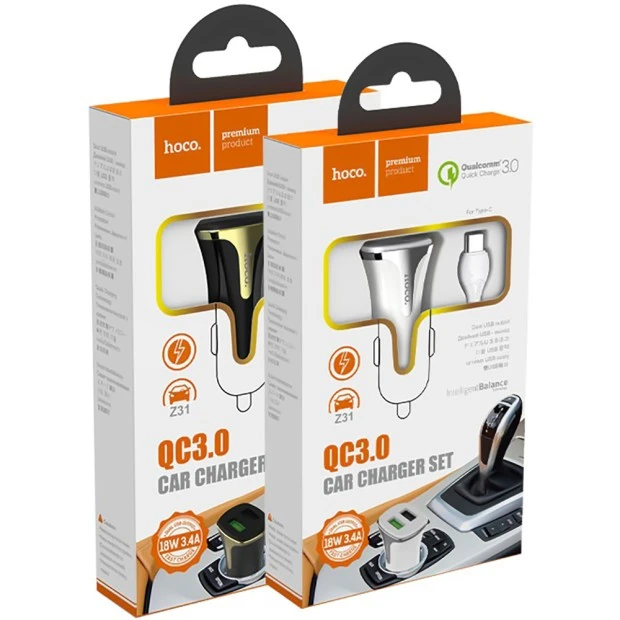 АЗУ-адаптер Hoco Z31 Universe 2USB 2.4A QC3.0 + Type-C-кабель (Чёрный)